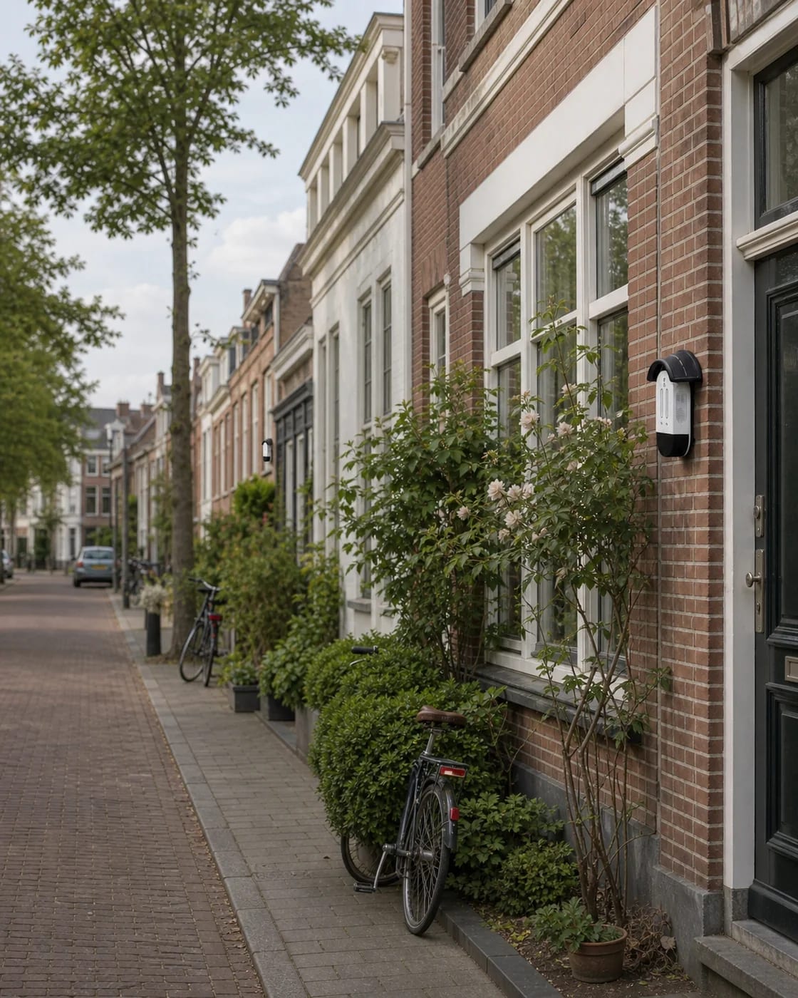 Meerdere MedeMeters verspreid langs gevels in een Nederlandse woonstraat