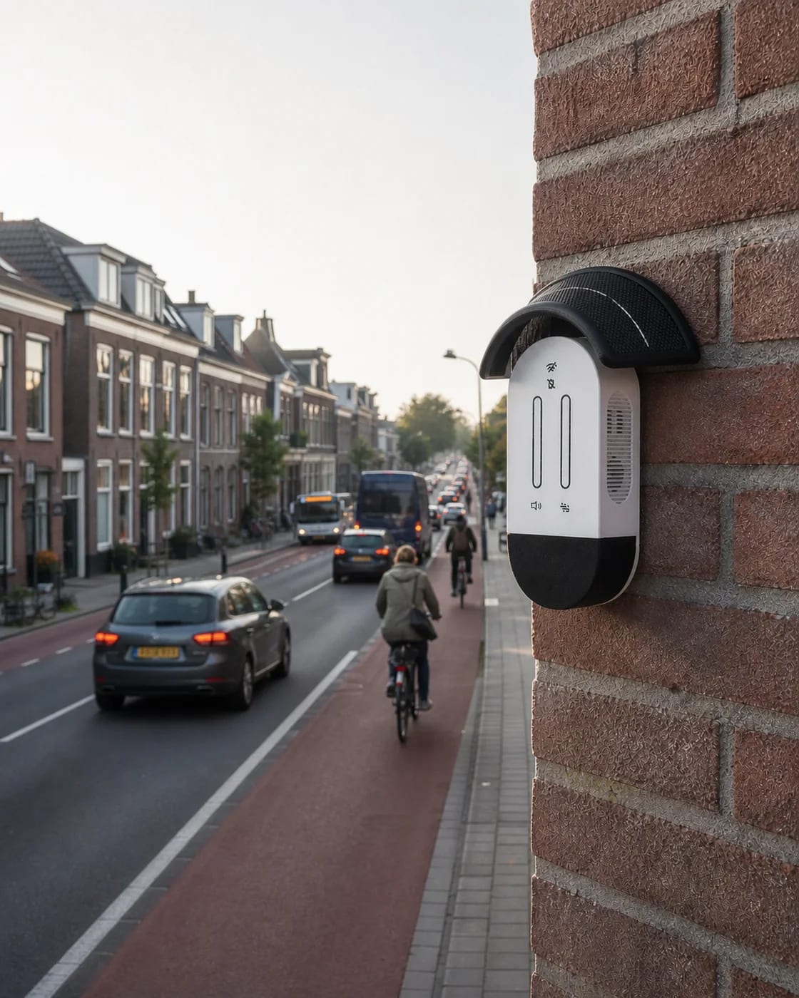 MedeMeter aan een gevel naast een drukke Nederlandse straat tijdens de spits