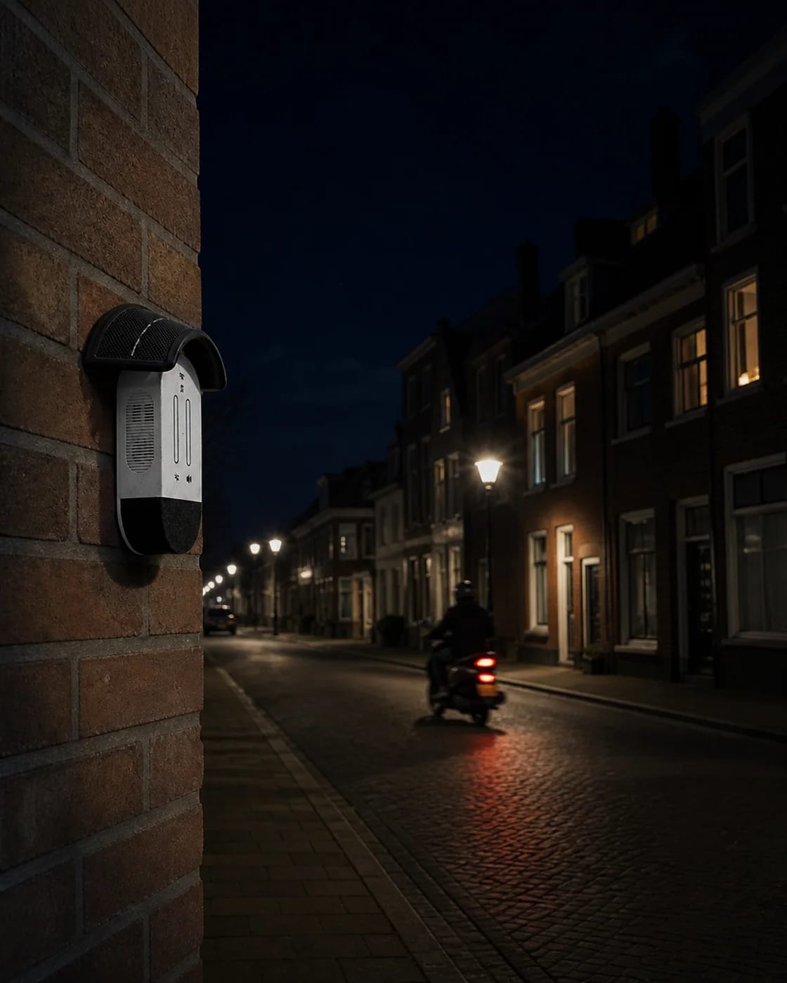 MedeMeter aan een gevel in een woonstraat waar 's nachts een scooter passeert