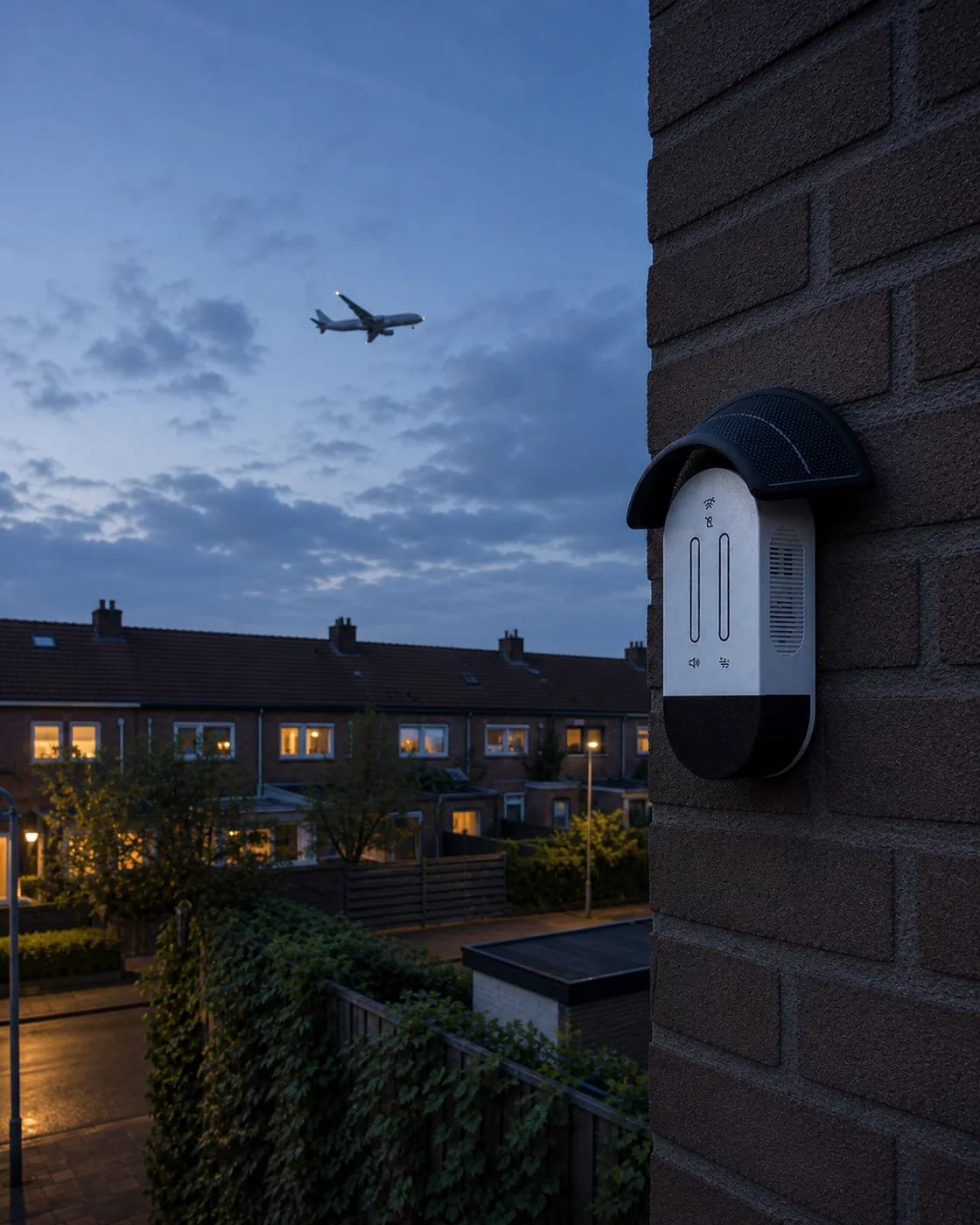 MedeMeter aan een gevel terwijl een vliegtuig over een woonwijk vliegt